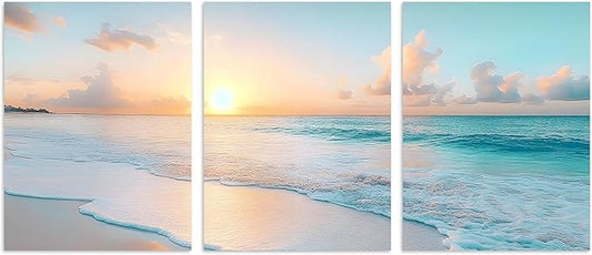 TutuBeer 3 Panels Beach Pictures Wall Art Beach Canvas Wall Art Ocean Pictures Seascape Paintings Coastal Picture Framed Artwork for Bathroom Living Room Office Home Decor Each Panel 16" x 32"