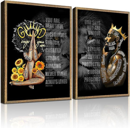 2Pcs Male King And Queen Wall Art Inspiration Canvas Wood Framed Printing African American Poster Picture Inspiration Wall Decoration Black Print Art Religious Quotations Gallery Living Room Bedroom Office