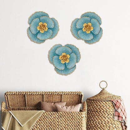 DILATATA 3 Pcs Metal Flower Wall Art Set 10 Inch Rustic Modern Floral Sculpture 3D Metal Flower Wall Hanging Accent for Indoor Living Room Bedroom Kitchen Bathroom Garden Patio Decor - Blue