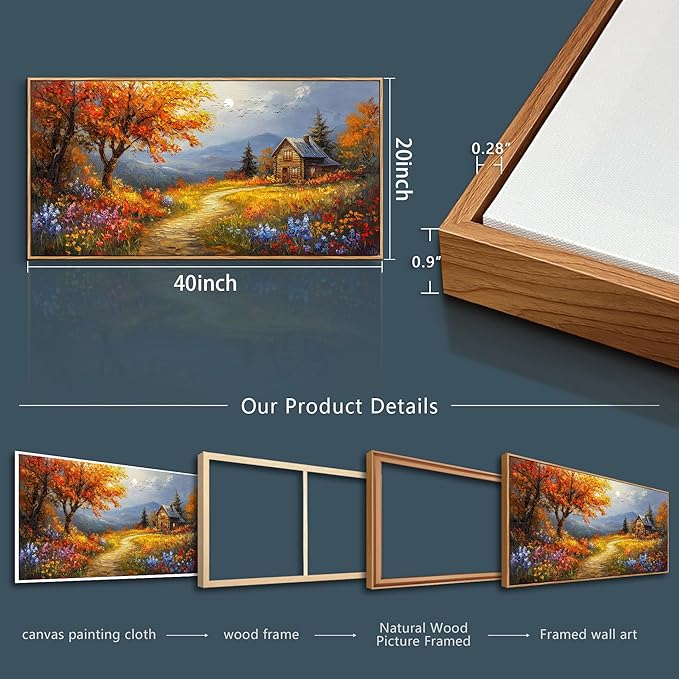 FUHAIHUA Wood Framed Canvas Wall Art For Living Room Wall Decor For Bedroom Office Wall Decoration Reddish Orange Tree Paintings Farmhouse Pictures Artwork Room Aesthetic Home Decor 20x40 In