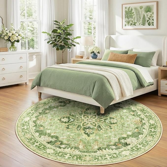 RELEANY Area Rugs Round 8ft Washable Non-Slip, Floral Vintage Distress Print Pattern Medallion Carpet for Living Room Bedroom Dining Room, Sage Green Yellow