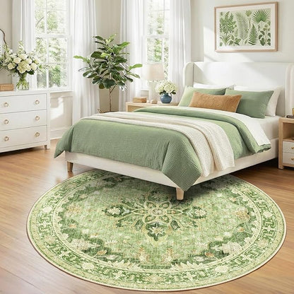 RELEANY Area Rugs Round 8ft Washable Non-Slip, Floral Vintage Distress Print Pattern Medallion Carpet for Living Room Bedroom Dining Room, Sage Green Yellow
