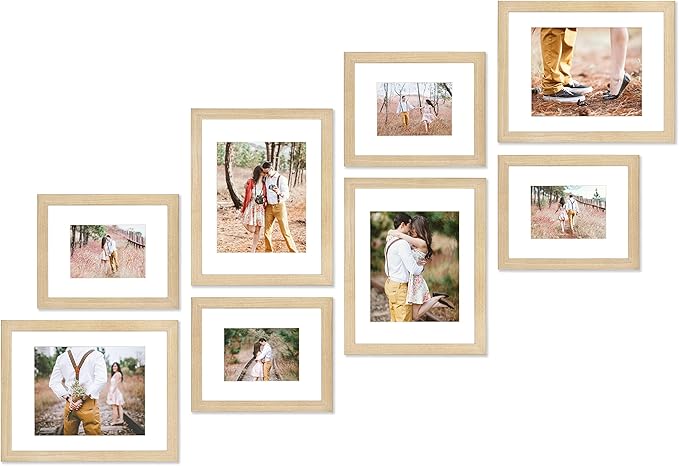 VELISTA 8 Piece Stair Picture Frame Set for Wall Collage - Stairwell Gallery Wall Set - Ladder Wooden Photo Frames with Mat - Farmhouse Staircase Wall Decor - Rustic Stairway Decor (Oak)