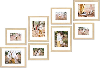 VELISTA 8 Piece Stair Picture Frame Set for Wall Collage - Stairwell Gallery Wall Set - Ladder Wooden Photo Frames with Mat - Farmhouse Staircase Wall Decor - Rustic Stairway Decor (Oak)