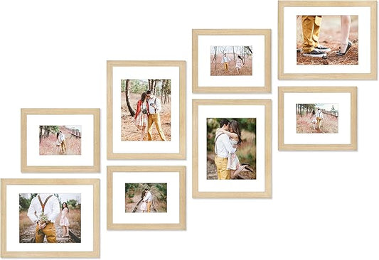 VELISTA 8 Piece Stair Picture Frame Set for Wall Collage - Stairwell Gallery Wall Set - Ladder Wooden Photo Frames with Mat - Farmhouse Staircase Wall Decor - Rustic Stairway Decor (Oak)