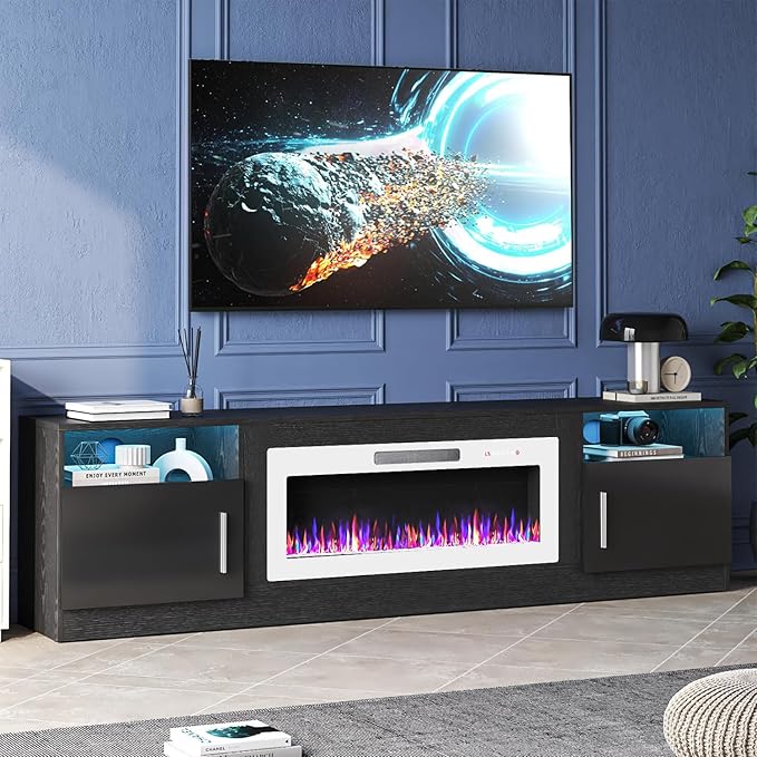 TAVATA 80" Fireplace TV Stand, Modern LED Light Entertainment Center with Storage and 36" Fireplace, Media TV Console for TVs Up to 90", Fire Place TV Stands for Living Room, Black+White