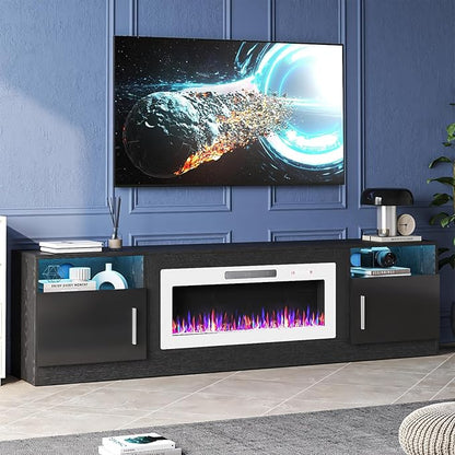 TAVATA 80" Fireplace TV Stand, Modern LED Light Entertainment Center with Storage and 36" Fireplace, Media TV Console for TVs Up to 90", Fire Place TV Stands for Living Room, Black+White
