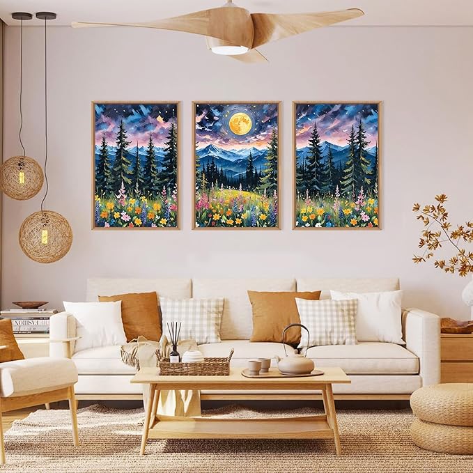 DRACIT Vintage Colorful Mystical Forest Moon Framed Canvas Wall Art Set,Dreamy Moonlit Nature Wilderness Wall Decor,Abstract Midnight Mountain Wildflowers Pine Tree Landscape Artwork for Living Room-24"x36"x3