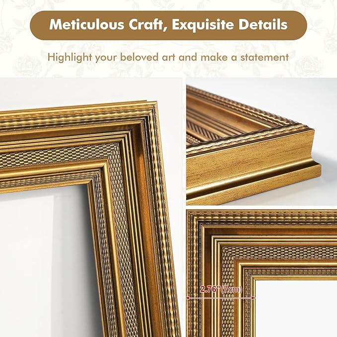 Vintage Canvas Frame for 5x7 Art Prints Oil Paintings, 2.4" Extra Wide Ornate Open Back Wall Picture Frames for Landscape Family Animal Memorial Portraits, No Glass & Backing (Gold)