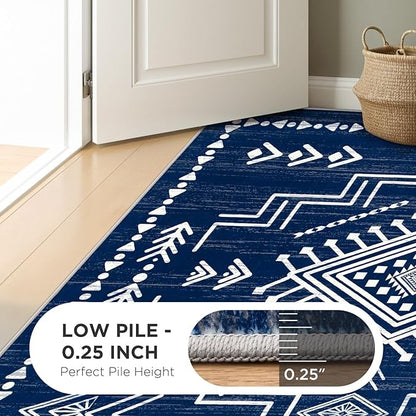 Joydeco 6x9 Moroccan Living Room Rugs, Navy Blue Washable Modern Area Rug for Bedroom, Western Low Pile Non Shedding Distressed Aztec Dining Room, Aztec Soft Non Slip Carpet for Office Home Decor
