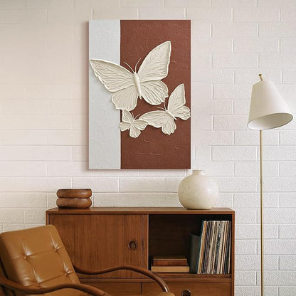 JUHOME Abstract Butterfly Canvas Wall Art,24x36 Inch Hand-Painted Textured Vertical Oil Painting,Minimalist White Butterfly Artwork for Living Room Bedroom Office, Large Original Wall Decor on Canvas