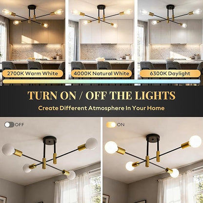 Modern Sputnik Chandelier Ceiling Light Fixtures, 4-Lights Mid Century Industrial Metal Semi Flush Mount for Dining Room, Bedroom, Living Room-Black and Gold
