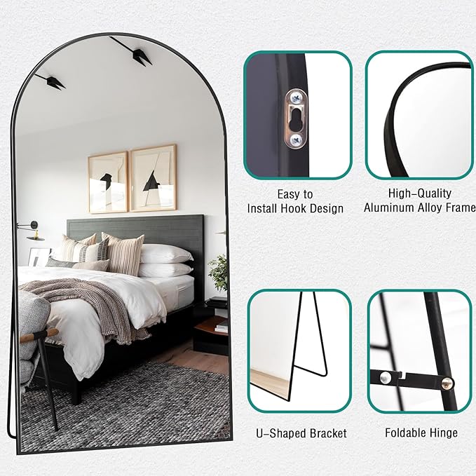 78''x38'' Oversized Full Length Mirrors, Arched Floor Mirror with Stand, Full Body Large Standing Mirror/Leaning/Hanging Wall Mounted for Living Room, Bedroom, Black