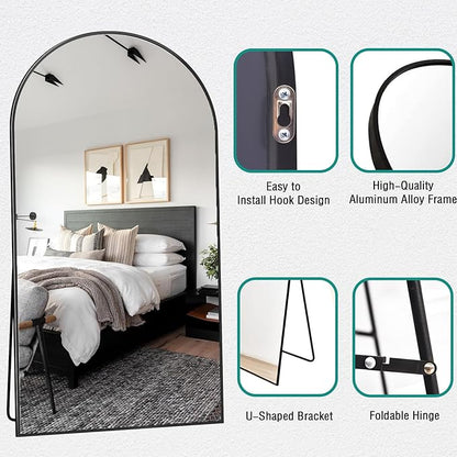 78''x38'' Oversized Full Length Mirrors, Arched Floor Mirror with Stand, Full Body Large Standing Mirror/Leaning/Hanging Wall Mounted for Living Room, Bedroom, Black