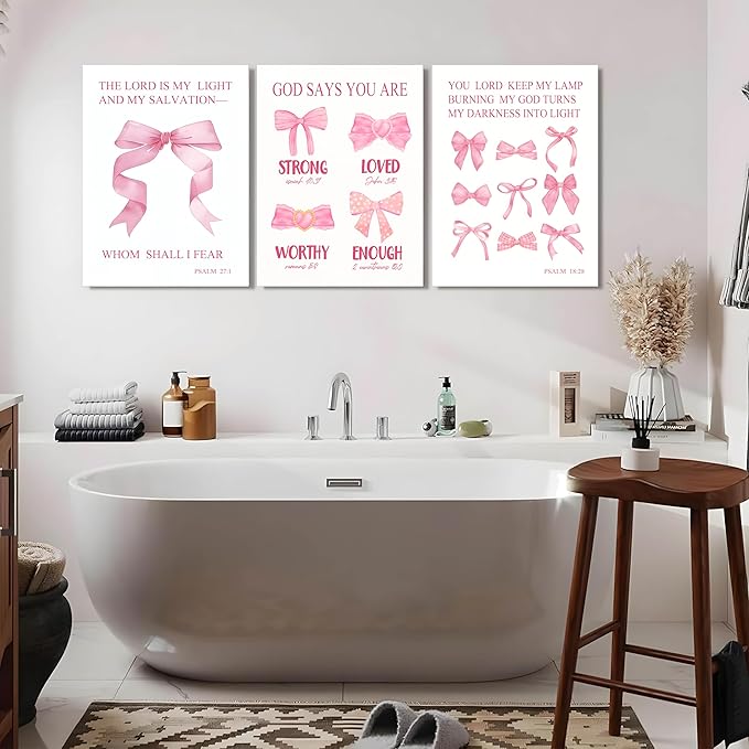 JBZDD Christian Pink Bow Wall Art Set of 3 Inspirational Bible Verses Quotes Decor Posters Pictures Prints for Girls Room College Apartment Bathroom Bedroom Living Room12x16in Framed