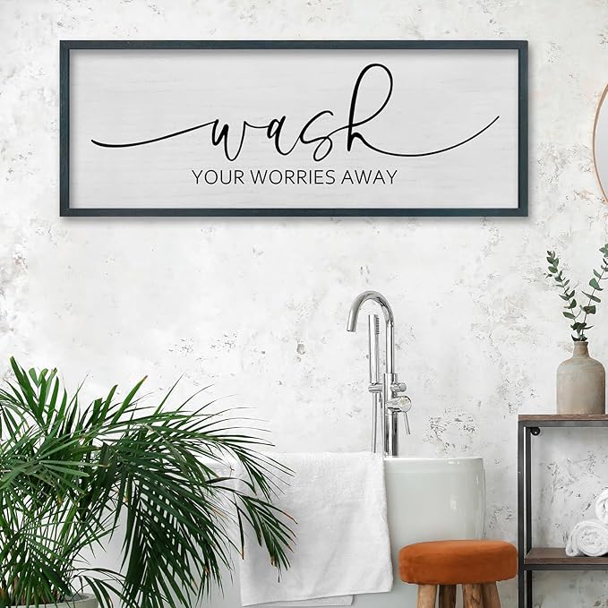 FZMHASLWW Funny Laundry Room Bathroom Wall Decor Wash Your Worries Away Sign 32"×12" Inspirational Quote Art for above the Bathtub Restroom Large Minimalist Wood Framed Hanging Plaqu (Black)