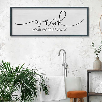 FZMHASLWW Funny Laundry Room Bathroom Wall Decor Wash Your Worries Away Sign 32"×12" Inspirational Quote Art for above the Bathtub Restroom Large Minimalist Wood Framed Hanging Plaqu (Black)