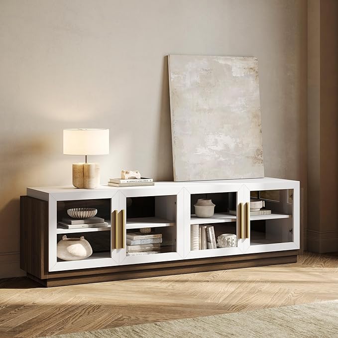 BELLEZE 70 Inches TV Stand for TVs up to 75 Inches, Modern Entertainment Center with Glass Door and Shelves, Wood Storage Cabinet for Living Room - Brixston, White