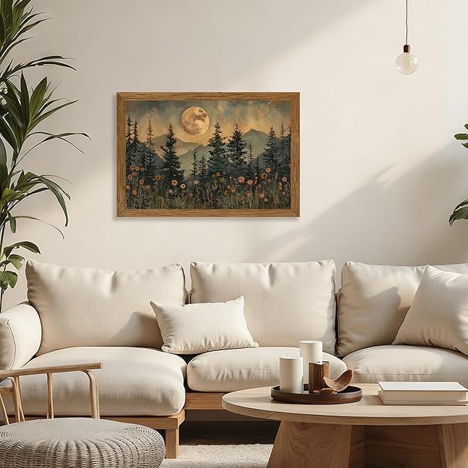JLTULT Framed Vintage Moon Forest Canvas Wall Art, Moonlight Pine Tree Flower Wall Decor, Woodland Wildflower Picture Prints Artwork for Bedroom Living Room Office Decoration 20x30 inch Easy to Hang