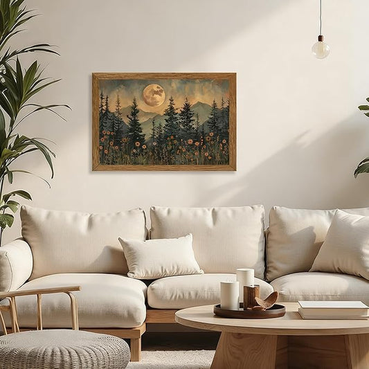 JLTULT Framed Vintage Moon Forest Canvas Wall Art, Moonlight Pine Tree Flower Wall Decor, Woodland Wildflower Picture Prints Artwork for Bedroom Living Room Office Decoration 20x30 inch Easy to Hang