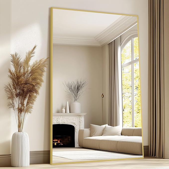 Oversized Standing Mirror Full Length, 72"X44" Extra Large Gold Floor Mirror with Stand, Hanging or Wall Mounted, Full Body Mirror for Gym Bedroom Living Room Clothing Store, Tempered Glass