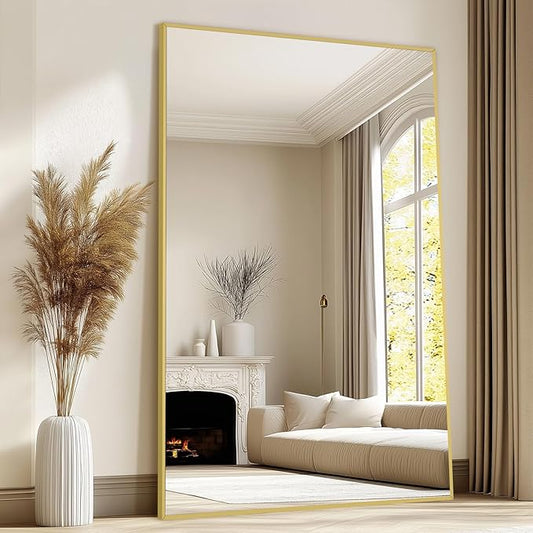 Oversized Standing Mirror Full Length, 72"X44" Extra Large Gold Floor Mirror with Stand, Hanging or Wall Mounted, Full Body Mirror for Gym Bedroom Living Room Clothing Store, Tempered Glass