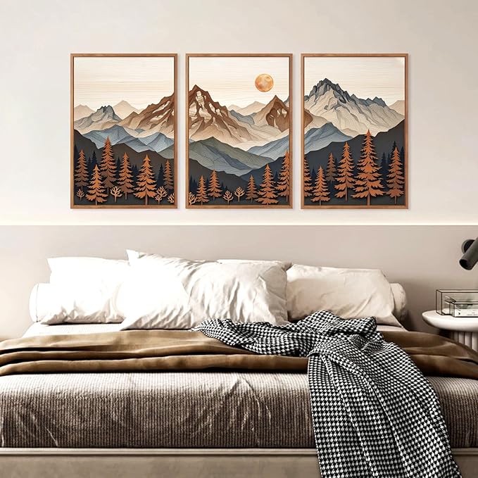 HLNIUC Boho Woodcut Mountain Framed Canvas Wall Art,Large Sun Forest Wall Decor,Orange Mid Century Sunrise Scene Artwork Set of 3 (24x36),Nature Colorado Peaks Prints for Living Room,Bedroom,Office
