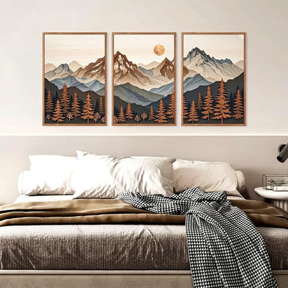 HLNIUC Boho Woodcut Mountain Framed Canvas Wall Art,Large Sun Forest Wall Decor,Orange Mid Century Sunrise Scene Artwork Set of 3 (24x36),Nature Colorado Peaks Prints for Living Room,Bedroom,Office