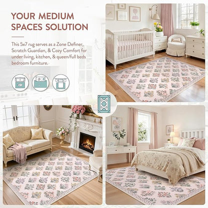 Wonnitar 8x10 Washable Rug, Pink Rugs for Girls Bedroom Decor, Boho Ultra-Thin Non Slip Soft Moroccan Floral Large Carpet for Living Room Baby Nursery Kids Playroom, Pale Pink