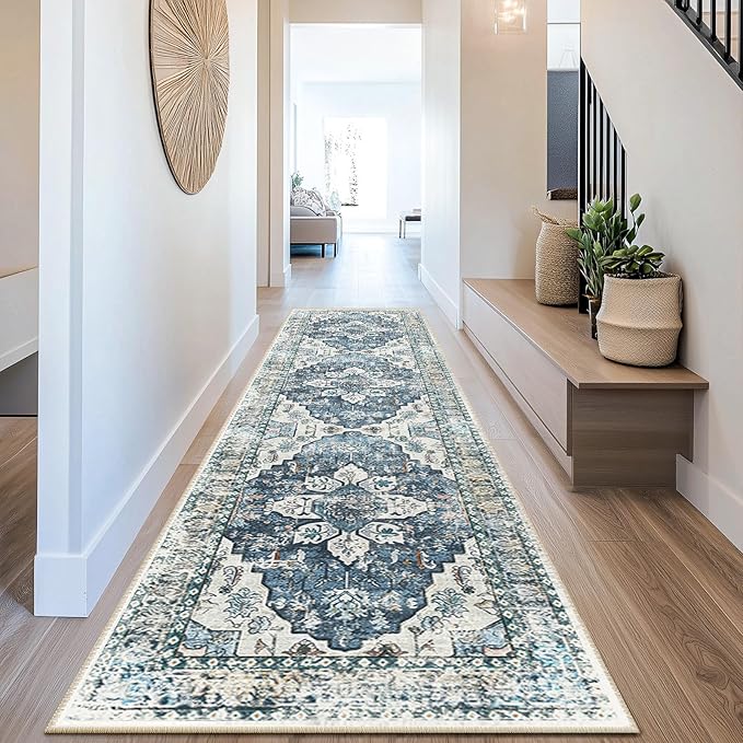 BESTSWEETIE 2x8 Area Rug Washable Rugs for Living Room, No Pile Boho Carpet for Entryway Bedroom Dinning Room, Vintage Carpet Print Distressed Non-Slip, 2 x 8 ft, Blue Navy
