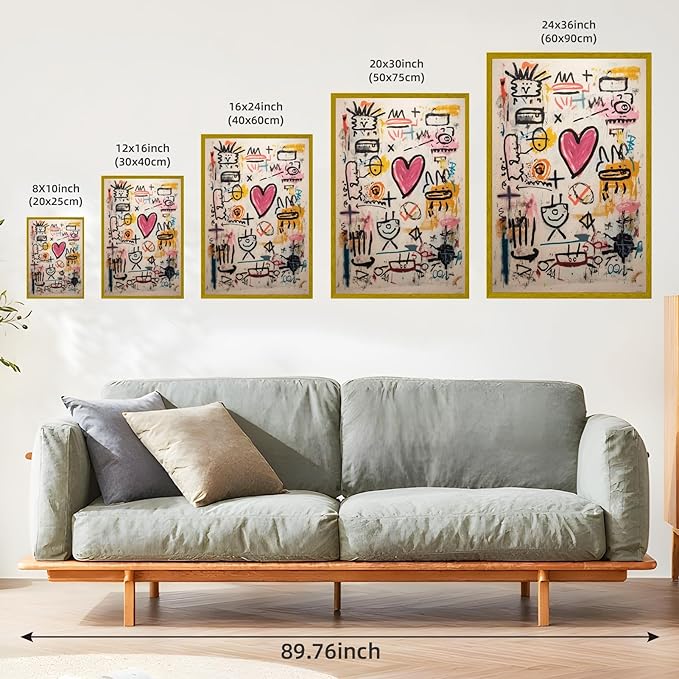 Large Gold Framed Modern Graffiti Wall Art Colorful Abstract Heart Doodle Canvas Poster Beige Textured Pink Love Painting Prints Modern Street Urban Pop Artwork for Bedroom Home Decor 24x36inch