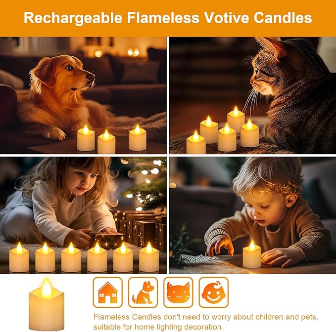 PChero Rechargeable Flameless Candles with Remote Timer & Charging Base, 6 Pack Votive Candles Battery Operated Tea Lights Flickering, LED Tealights for Home Wedding Halloween Fall Christmas Decor