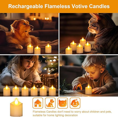 PChero Rechargeable Flameless Candles with Remote Timer & Charging Base, 6 Pack Votive Candles Battery Operated Tea Lights Flickering, LED Tealights for Home Wedding Halloween Fall Christmas Decor