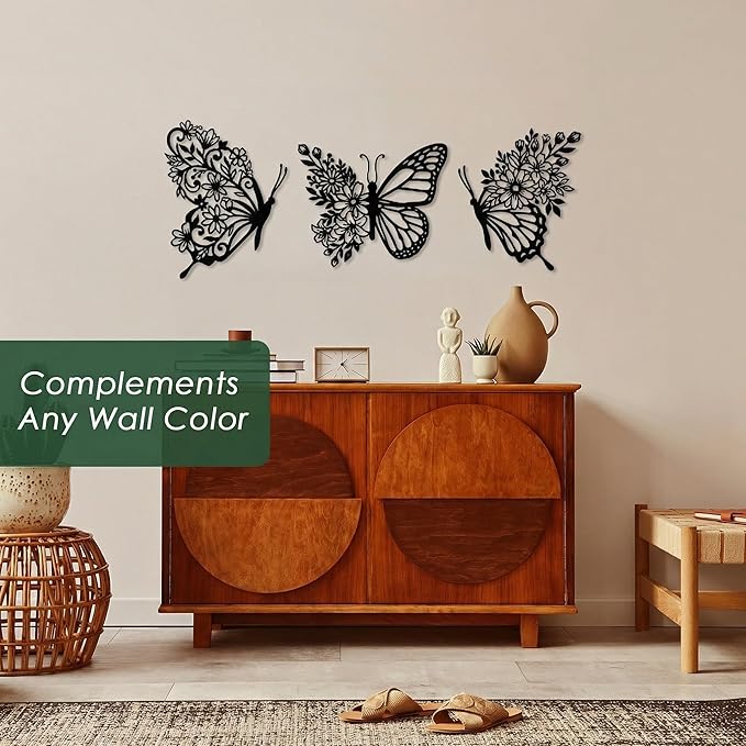 Sanwarm 3 Pieces Metal Wall Decor, Butterfly Floral Boho Metal Wall Art Flower Black Hanging Decoration for Home Bathroom Living Room Bedroom Garden Office Housewarming Gifts