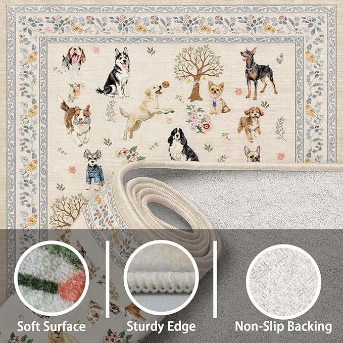 Dog Rug Runner for Entryway, 2x4 Washable Kitchen Mat Ultra-Thin Soft, Non-Slip Indoor Door Carpet Stain Resistant Boho Small Low-Pile Throw for Bathroom Bedroom, Beige