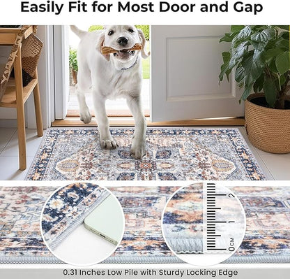 KOZYFLY Small Area Rug 2x3 Ft Rugs for Entryway Washable Boho Entry Rug Non Slip Door Mat Indoor Entrance Faux Wool Vintage Printed Kitchen Rug Throw Rugs for Entrance Kitchen, Blue Gray/Cream