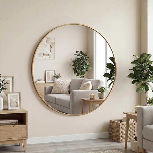 OLIXIS 28 Inch Gold Round Bathroom Wall Mirror, Round Bathroom Mirrors for Over Sink, Circle Mirror with Tempered Glass for Home Decor, Entryway, Bedroom, Vanity, Shatterproof& Crystal-Clear