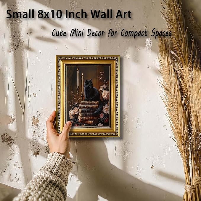 YD&YZY Gold Framed Moody Wall Art Vintage Canvas Dark Academia Victorian Black Cat Book Floral Wall Decor Gothic Aesthetics Painting Picture Print for Bedroom Bathroom 8x10 inch Small Framed