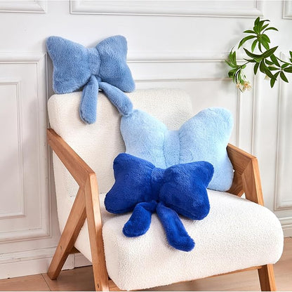 XVTRU Dusty Blue Bow Pillow, Soft Bow Decorative Pillows with Faux Rabbit Fur, Cute 12" Bow Throw Pillows, Aesthetic Home Decor Bow Shaped Plush Pillow for Bedroom Sofa Couch