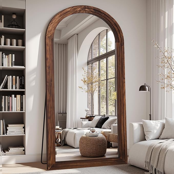 Full Length Mirror, 81"x41" Wooden Mirror Full Length with Stand Wood Floor Mirror, Oversized Stand Up Mirrors Large Wall Mirrors, Wall Mounted Mirrors, Arched Wood Style, Walnut