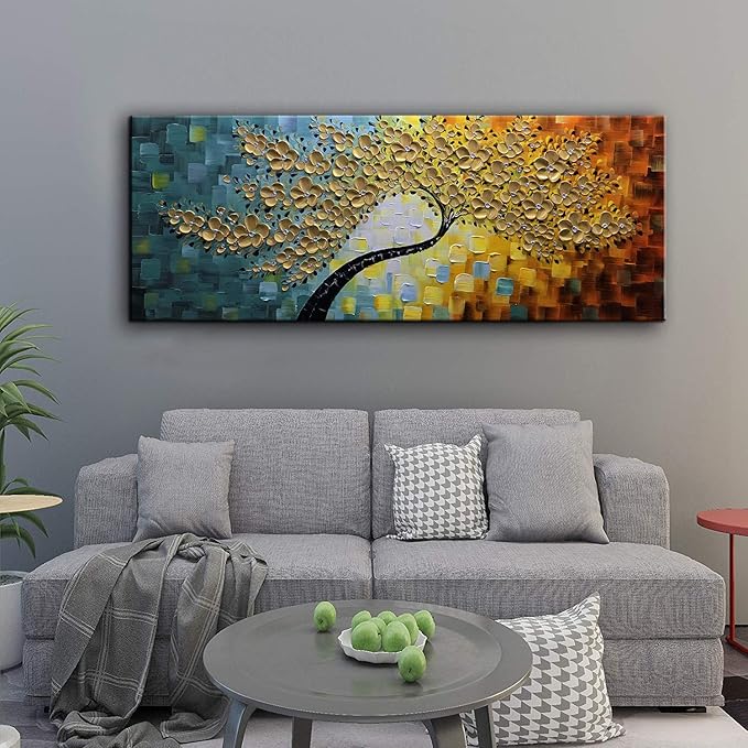 YaSheng Art -Large Wall Art ,100% Hand Painted Gold Flowers Contemporary Art Oil Painting,3D Wall Art Texture Floral Tree Paintings, Wall Art for living room Bedroom Office Wall Deco Home, Abstract Canvas Art Paintings Framed Wall Art Pictures 60 by24 ...