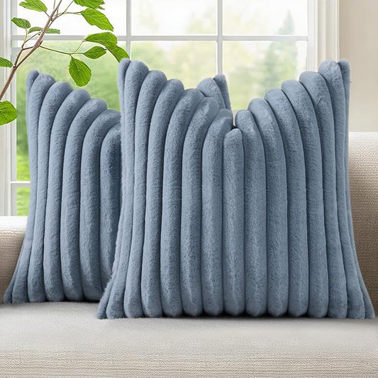 decorUhome Cozy Faux Fur Throw Pillow Covers 18x18 Set of 2 Decorative Soft Plush Striped Modern Farmhouse Boho Couch Pillow Cases with Velvet Back for Sofa Bed Living Room, Grey Blue