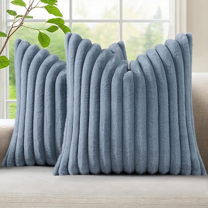 decorUhome Cozy Faux Fur Throw Pillow Covers 26x26 Set of 2 Decorative Soft Plush Striped Modern Farmhouse Boho Couch Euro Sham Pillow Cases with Velvet Back for Sofa Bed Living Room, Grey Blue