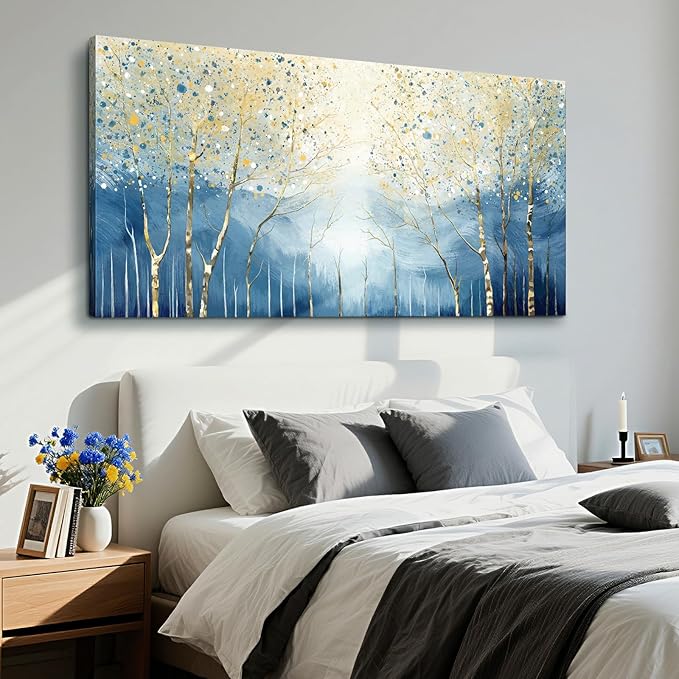 Oversized Abstract Plant Wall Art For The Living Room, Blue And Yellow Birch Forest Canvas Print, Modern Natural Horizontal Wall Decor For Bedrooms, Bathrooms, Dining Rooms, And Entryways. 58X29 Inches.