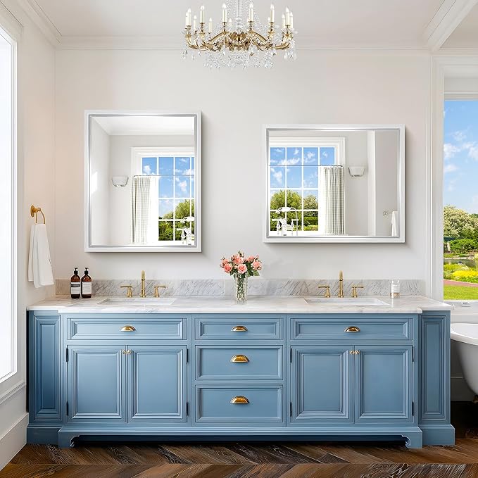 36x30 Silver Bathroom Mirror, Brushed Silver Rectangular Mirror for Wall, 0.6" Thickened Deep Frame Mirrors for Bathroom Sink, Shatterproof Tempered Glass, Antirust, Horizontally or Vertically