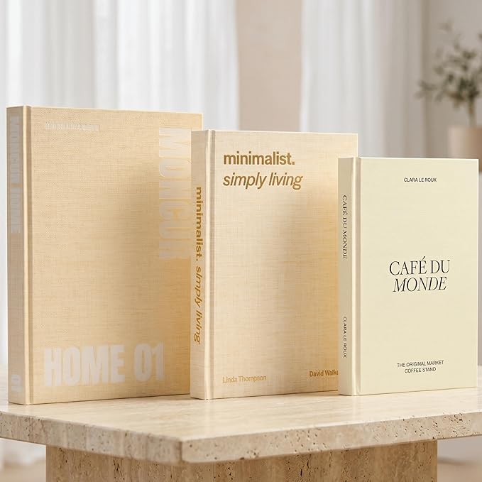 Decorative Coffee Table Books Set of 3 – Neutral Home Décor Beige Hardcovers with Removable Black & White Covers, Real Blank Pages, Modern Room Décor Aesthetic Faux Books for Shelf & Table Styling