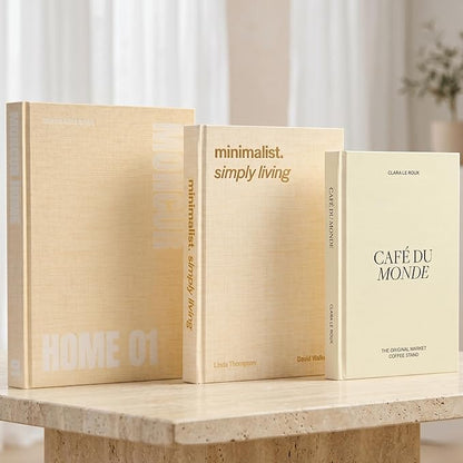 Decorative Coffee Table Books Set of 3 – Neutral Home Décor Beige Hardcovers with Removable Black & White Covers, Real Blank Pages, Modern Room Décor Aesthetic Faux Books for Shelf & Table Styling