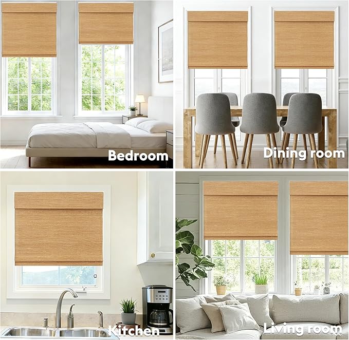 Motorized Bamboo Roman Shades, Motorized Blinds with Remote Compatible with Homekit, Alexa GoogleHome, Smart Wood Woven Shades for Indoor Windows, Customize, Amber Mesa