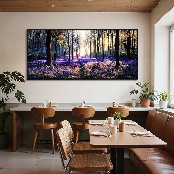 crmotu Extra Purple Landscap Wall Art, Lavender Flower Field Canvas Art Prints, Modern Nature Forest Scenery Framed Artwork for Living Room Bedroom Office Meeting Room, 32"x71"