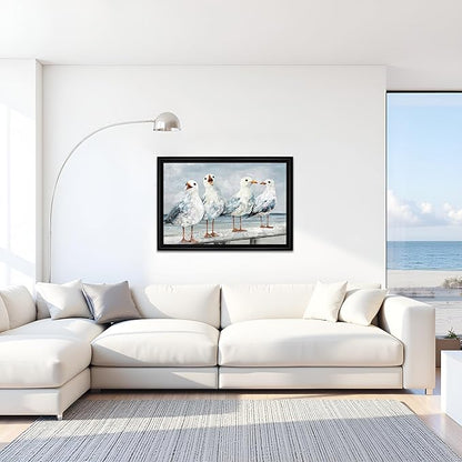 sechars Seabirds Wall Art Coastal Beach Scene with Seagulls Painting Framed Canvas Prints Vintage Farmhouse Decor 16"x24"